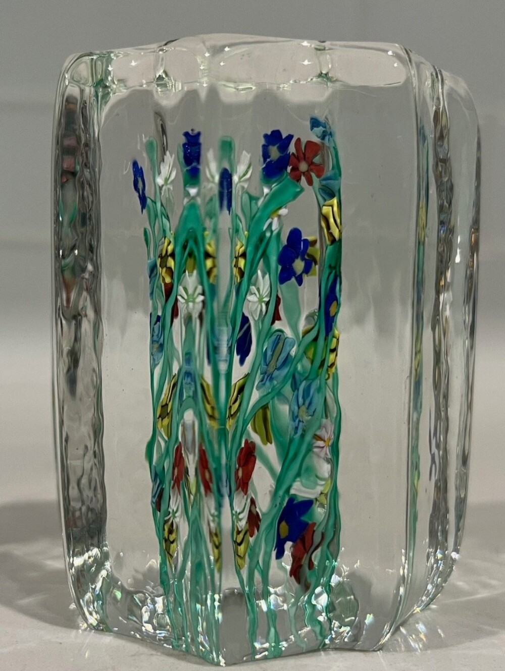 Vintage Murano Fratelli Toso Millefiori Ice Block Glass Paperweight  1960s